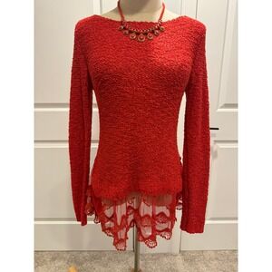 Red/Orange Sweater With Lace Hem